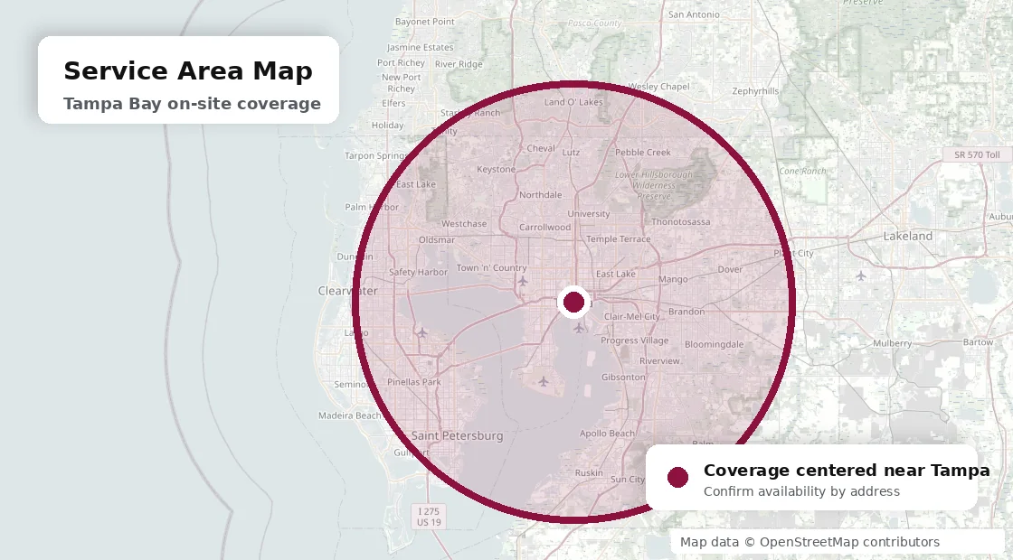 Map showing the approximate FC Tech Solutions service coverage circle around Tampa Bay, Florida.