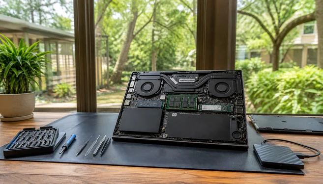 On-site computer repair in Lutz, FL with a local tree-lined neighborhood backdrop