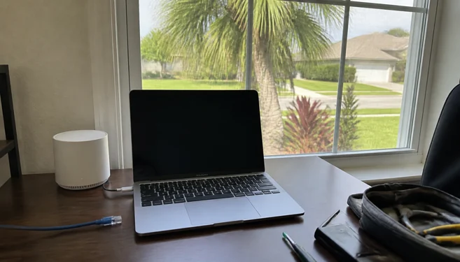 On-site computer repair in New Tampa, FL with a local planned community backdrop