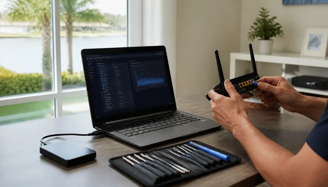 On-site computer repair in Riverview, FL with a local waterfront neighborhood backdrop