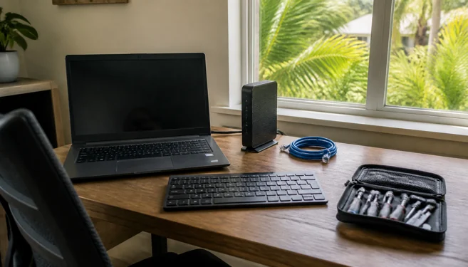On-site computer repair in South Tampa, FL with a local bayfront neighborhood backdrop