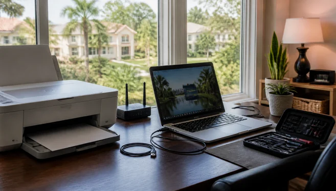 On-site computer repair in Westchase, FL with a local village neighborhood backdrop